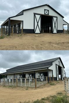 two pictures of a barn with horses in it