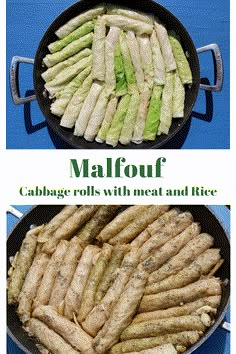 two pictures showing different types of food in pans on a blue table with text overlay that reads malfour cabbage rolls with meat and rice