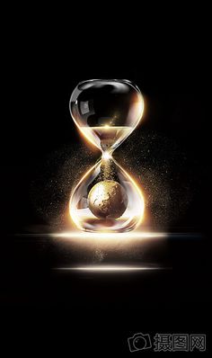 an hourglass with the earth in it and light coming out from underneath, against a black background