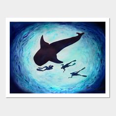 a painting of two people swimming in the ocean with a shark and manta ray