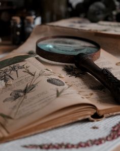 an open book and magnifying glass sitting on top of a table next to other books