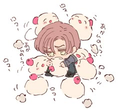 an anime character with pink hair sitting on the ground surrounded by white clouds and hearts