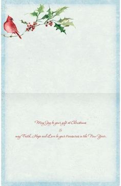 a christmas card with a red bird and holly