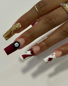 Bday Nails Scorpio, November Baddie Nails, Ace Of Spade Acrylic Nails, Birthday Candle Nail Art, Happy Nails Ideas, Romantic Red Nails, Funky Nails With Gems, Deep Red Nails With Design, Lash Tech Nails