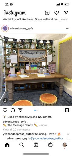 an instagramted photo with two tables and chairs in front of the table is decorated with bunting