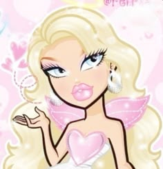 a drawing of a woman with blonde hair and blue eyes holding a pink heart in her hand