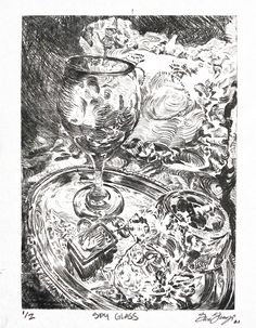 a drawing of a bowl and wine glass on a table