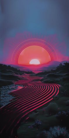 an abstract painting with lines in the foreground and sunset in the background, as well as pink hues