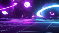 an abstract scene with glowing lights and planets in the background