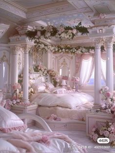 Rococo Bedroom Ideas, Pink Fairy Core Room, Angelic Room Aesthetic, Cutesy Room Aesthetic, Royal Aesthetic Room, Girly Core Aesthetic, Pink Victorian Room, Women Bedroom Designs, Castle Bedroom Luxury