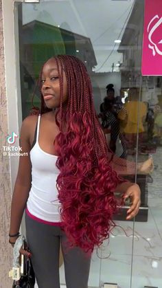 Burgundy Red Goddess Braids, French Curls Extensions, 22 Inch Braids, Black N Red Braids, Maroon Braids With Beads, Red Braids With Curls At The End, Wine French Curls Braids, Black And Red French Curl Braids, Burgandy Braids On Dark Skin