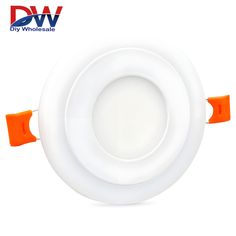 an overhead downlight with orange handles and white plastic ring on the bottom, against a white background