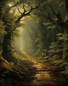 a painting of a path in the middle of a forest