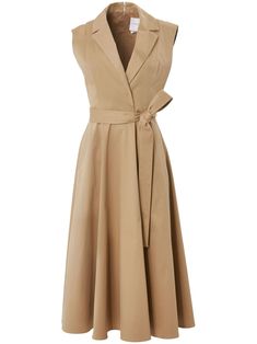 beige stretch-cotton notched lapels V-neck belted waist two side inset pockets mid-length straight hem Sleeveless Trench, Sleeveless Wrap Dress, Trench Dress, Belted Midi Dress, Young Professional, Jonathan Adler, Dress Crafts, Cotton Midi Dress, Shades Of Brown