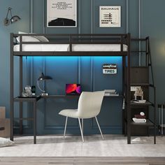 a loft bed with a desk underneath it in a room that has blue walls and wooden floors