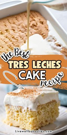 a piece of cake on a plate with the words, we bee tress leches cake