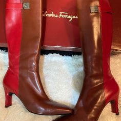 Ladies Knee Boots 2 Inch Heal, Zip Up Versatile Boots By Salvatore Ferragamo. Leather High Heeled Boots With Red Sole, Cognac Leather High Heel Boots, Luxury Red Leather Heeled Boots, Red Leather Heeled Boots With Reinforced Heel, Elegant Leather Boots With Red Sole, Red High Heel Calf Leather Boots, Red High Heel Boots In Calf Leather, Classic Red Workwear Boots, Red High Heel Office Boots