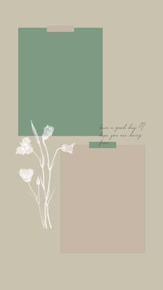 a white flower sitting on top of a green and beige wall next to a light brown rectangle