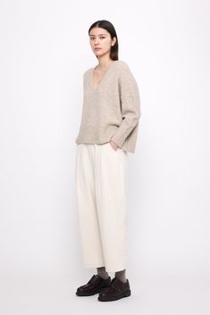 Chunky V Neck in Light Taupe designed by 7115 by Szeki. Sizing + Details → Chunky Cropped Sweater, Misha And Puff, Wooden Clogs, Bandana Scarf, Cut Out Top, Straight Pants, Base Layer, V Neck Sweater, Cropped Sweater