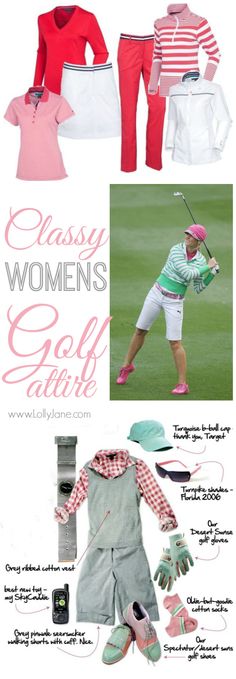 an advertisement for women's golf apparel with pictures of the same clothing and accessories