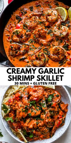 creamy garlic shrimp skillet in a pan with lemon wedges