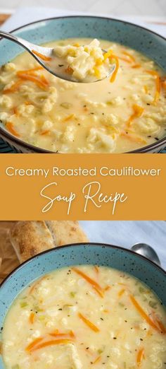 creamy roasted cauliflower soup recipe in a blue bowl