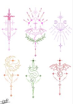 four different types of tattoo designs on a white background, each with an individual's name