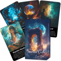 four tarot cards with the words psychic health and an image of a woman holding a crystal ball