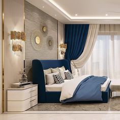 a bed room with a neatly made bed next to a window covered in blue and white curtains