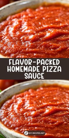 two images showing how to make homemade pizza sauce in the oven, with text overlay that reads flavor - packed homemade pizza sauce