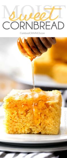 a piece of cornbread is being drizzled with honey