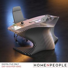 a computer desk that is shaped like a wavy piece of wood and has a laptop on it