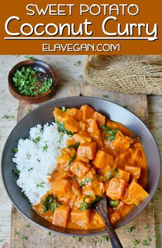 sweet potato coconut curry with white rice in a bowl