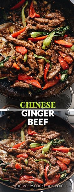 two pictures showing how to cook chinese ginger beef in a wok with peppers and asparagus