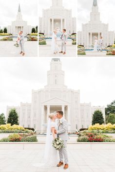 a bride and groom standing in front of the mormon temple during their wedding day portraits