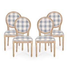 four chairs with plaid upholstered back and arms