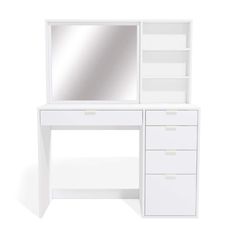 a white desk with drawers and a mirror on it's side, isolated against a white background