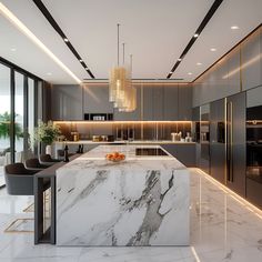 a kitchen with marble counter tops and black chairs