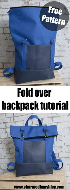 an image of a blue bag with the text fold over back and side pockets on it