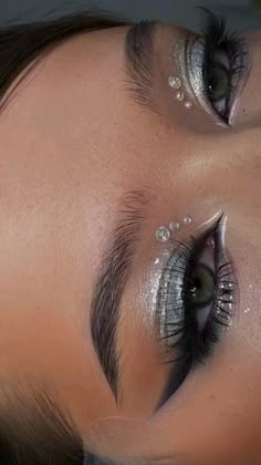 Makeup Collection Makeup Beyonce Concert, Silver Jewel Makeup, French Blue Makeup, Metallic Disco Outfit, Eye Looks With Rhinestones Hooded Eyes, Makeup For Beyonce Concert, Makeup Looks Rine Stones, Silver Glitter And Rhinestone Makeup, Beyonce Concert Makeup Looks