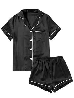 PRICES MAY VARY. Soft and lightweight silk satin material, this loungewear set is comfortable for your relaxing day or night. Two piece satin pajamas set featuring with a button front short sleeve shirt and a pair of shorts. Notch collar short sleeve top with a chest pocket, button up closure, piping trim. V neck stripe printed sleepshirt. Printed elastic waist shorts for a relaxed fit. Women's summer loungewear pajamas set with shorts. Casual 2 piece satin PJs sleepwear set for year-round wear. Cheap Summer Sleepwear With Built-in Bra, Cheap Sleepwear With Built-in Bra, Cheap Short Intimates For Pajama Party, Cheap Short-length Sleepwear For Bedtime, Wonzies Pajamas For Teens, Victoria Secret Satin Short Pj Set, Cheap Cute Intimates For Sleepover, Cheap Cotton Intimates For Pajama Party, Cheap Victoria's Secret Pajama Bottoms