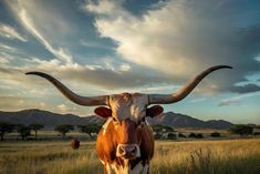 a cow with large horns standing in the grass