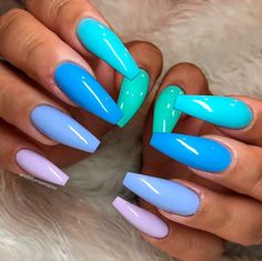 One Nail Different Color, Summer Nails Different Colors, Two Different Nail Colors On Each Hand, Different Shades Of Blue Nails, Colourful Acrylic Nails, Almond Nail Art, Multicolored Nails, Cute Summer Nail Designs