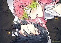 an anime character with pink hair and green eyes is hugging another character's head