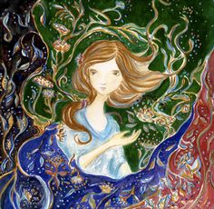 a painting of a woman with long hair and flowers on her head, surrounded by swirling swirls