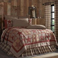 The Dawson Star Twin Quilt fully encompasses vintage lodge style. Soft 100% cotton, hand-quilted, and bursting with subtle colors in diagonal rows of alternating 5-point stars and five patch blocks, this 70Wx90L quilt is reminiscent of the American West with its timeless, heirloom look. Our khaki, burgundy, and woodland brown plaid patchwork bring a casual yet classic, rustic flair. Reverses to a brown and tan plaid. California King Quilts, Lodge Bedding, Country Bedroom Decor, Rustic Quilts, Vhc Brands, Rustic Bedding, Country Decor Rustic, Lodge Style, Lodge Decor