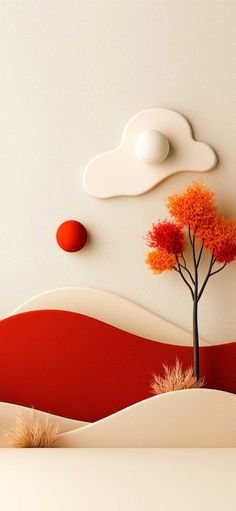 an orange tree and some clouds on a white wall