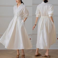 Cool and comfortable for hot summer days, this white linen dress is elegant and stylish.    It is a wonderful wardrobe staple that's a timeless classic you'll wear again and again.Linen materials, comfortable, breathable, refreshing and soft fabric. All our items are Tailored and Handmade and Made to Order ,I can make Any Size . I design new styles every week, please collect my store. I believe that you will meet your favorite styles. ★★FEATURES Linen 55% + Cotton 45% ( Medium Weight，Comfortable, Breathable and Washed Soft fabric) Two side pockets Half sleeve Pleated waist details Front button closure Back elastic waist Shirt dress White dress Maxi linen dress Casual linen dress Long linen dress Plus size dress Simple dress Perfect for Summer, Spring ★★ Bespoke Order Service If you Request Elegant Solid Color Shirt Dress For Beach, Elegant Solid Shirt Dress For Beach, White Casual Linen Midi Dress, White Linen Shirt Dress For Summer, White Casual Midi Linen Dress, White Midi Length Summer Shirt Dress, White Cotton Shirt Dress For Summer, White Linen Shirt Dress For Daywear, Elegant Cotton Shirt Dress For The Beach