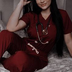 Red Nurse Aesthetic, Red Scrubs Aesthetic, Nursing Widget, Nurse Aesthetic Female, Red Scrubs Outfit, Maroon Scrubs, Littman Stethoscope, Crk Oc, Scrub Outfits