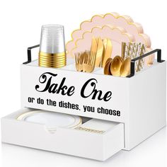 there is a white box with gold plates and silverware in it that says take one or do the dishes you choose